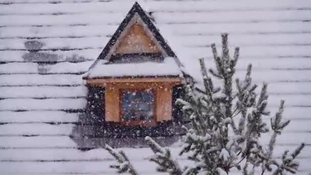 Zpomalit Pomalu Padající Sníh Pozadí Krásného Vesnického Domu — Stock video