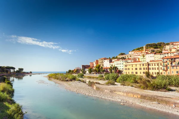 Colorful Houses Ventimiglia River Mouth Roya Flowing Mediterranean Sea — Stockfoto