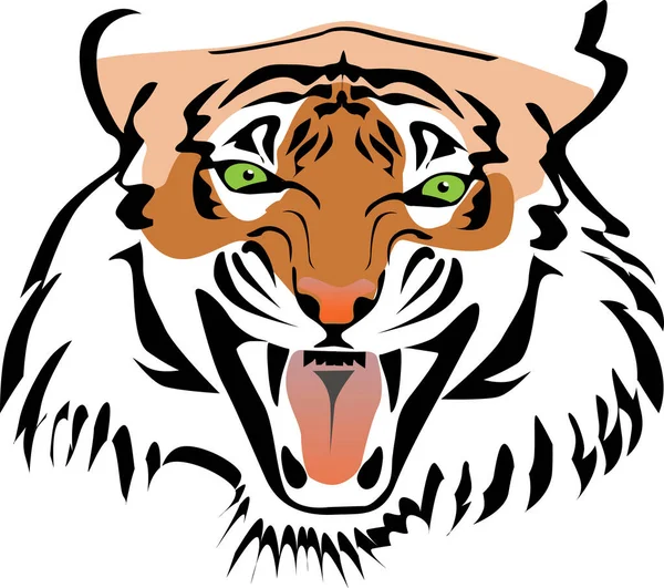 Vista Frontal Enojado Rugiente Diente Tigre Cara Color Vector Ilustración — Vector de stock