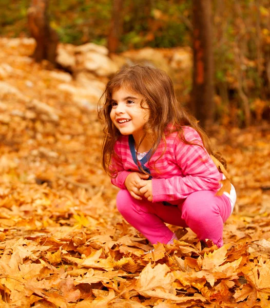 Sorridente ragazza nel parco autunnale — Foto Stock