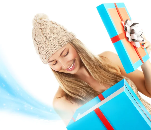 Woman opened Christmas present — Stock Photo, Image