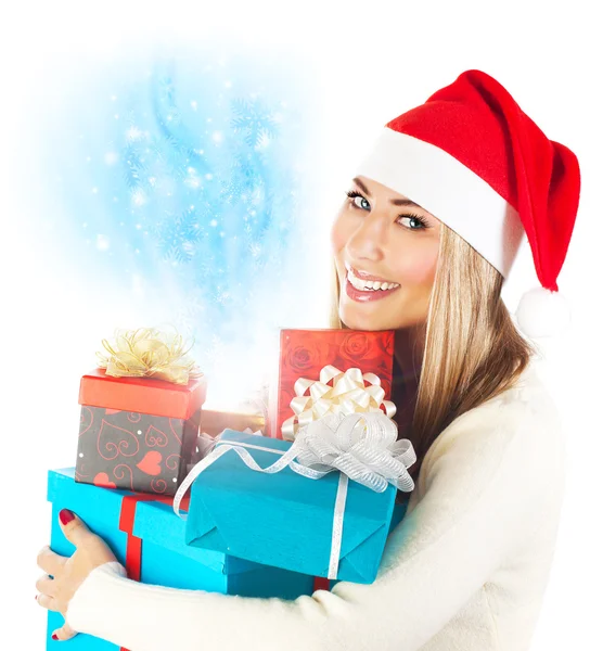 Santa girl with gifts — Stock Photo, Image