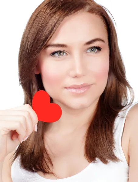 Woman with red heart — Stock Photo, Image