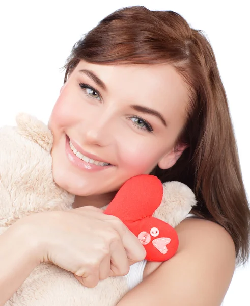 Woman with soft toy — Stock Photo, Image