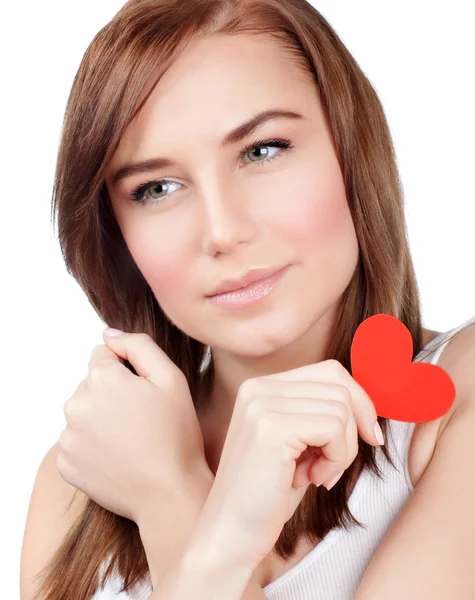 Vrouw met rood papier hart — Stockfoto