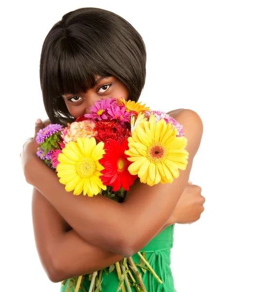 African female with colorful bouquet — Stock Photo, Image