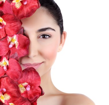 Woman with orchid flowers on face clipart