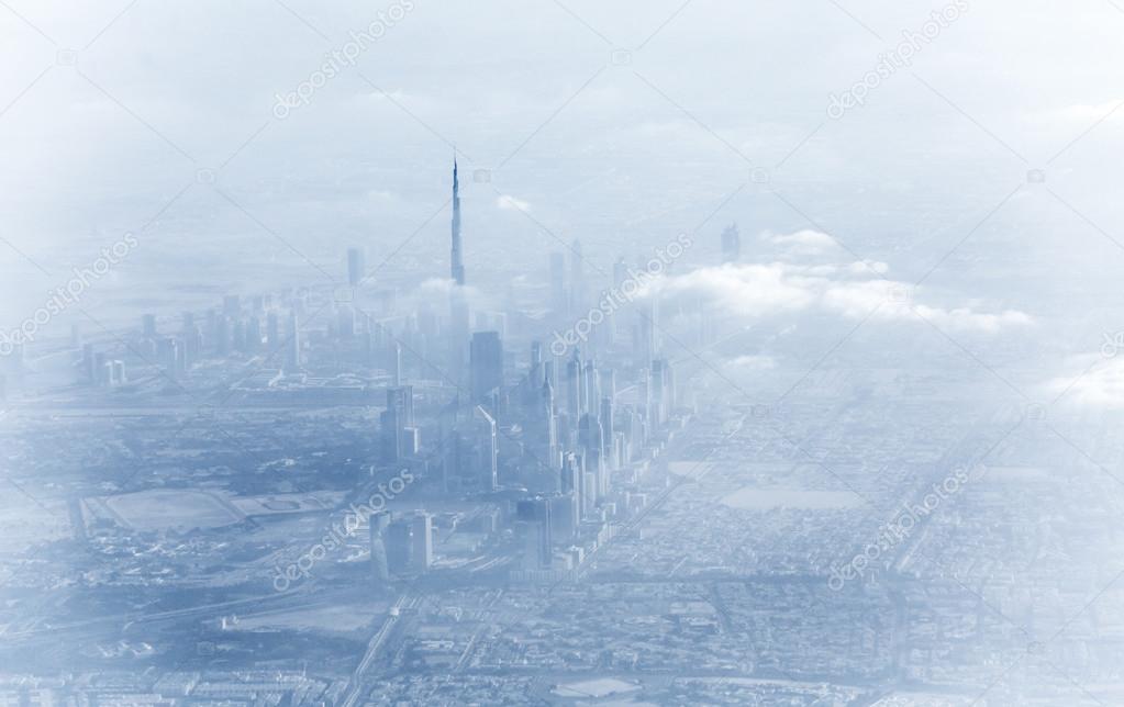 Dubai downtown in fog