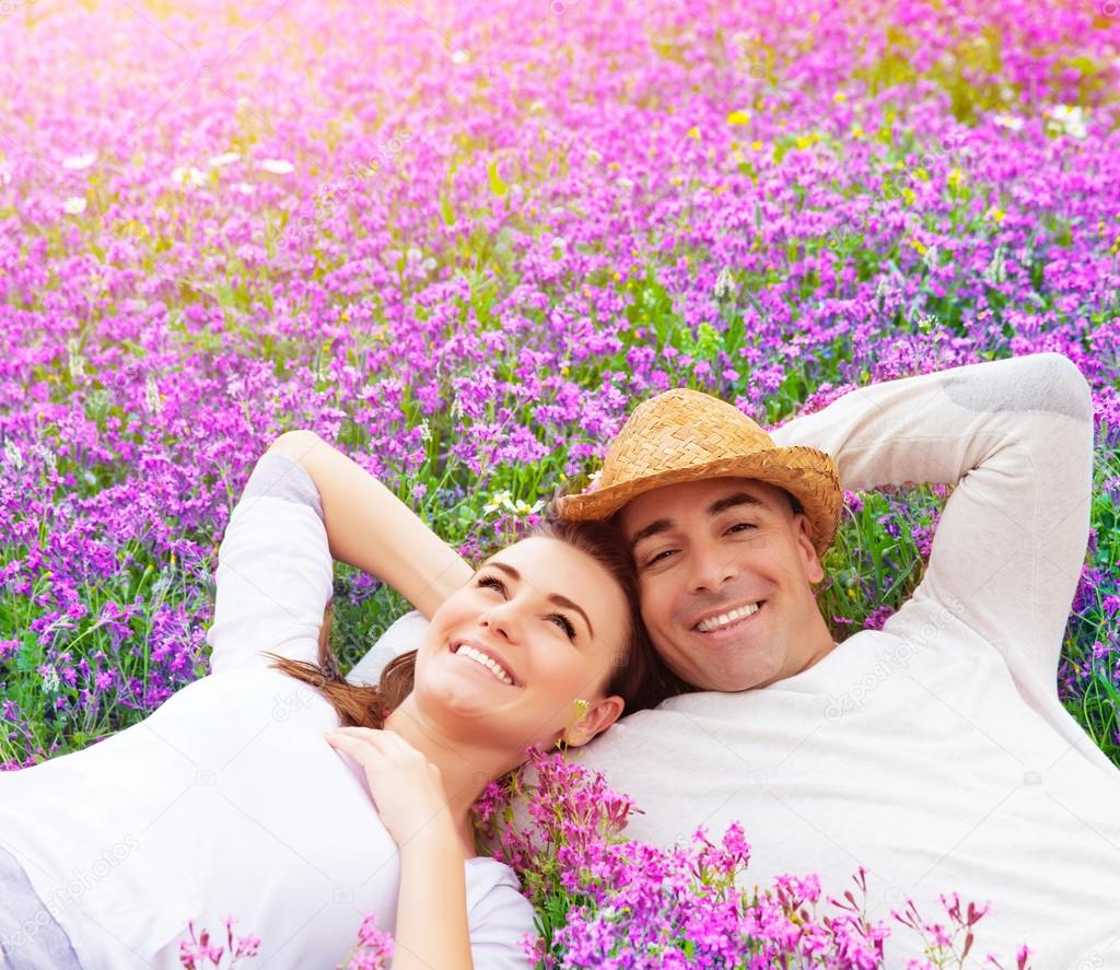 Happy couple on lavender field