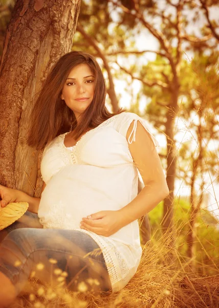 Беременная женщина в осеннем лесу — стоковое фото