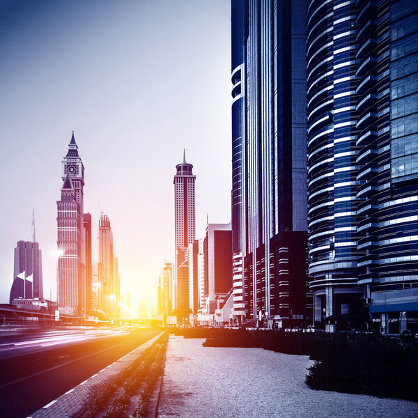 Dubai city, downtown, UAE, bright sun light, evening, arabic development, tall skyscrapers, beautiful buildings, luxurious concept