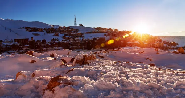 Mountainous village in sunset — Stock Photo, Image