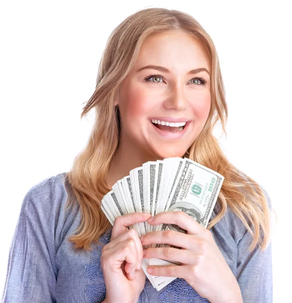 Gelukkige vrouw met geld Stockfoto