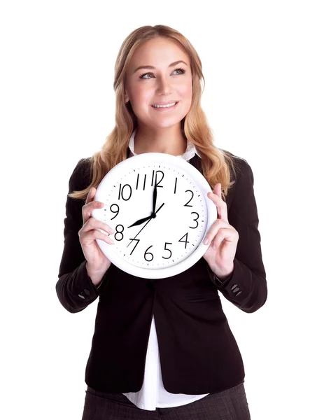 Glückliche Frau mit großer Uhr — Stockfoto