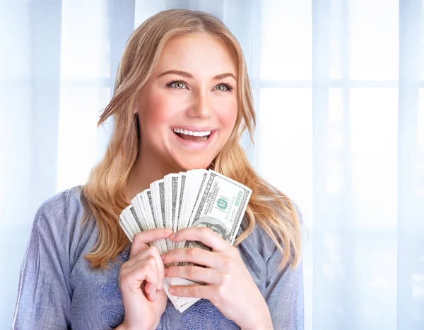 Happy woman with lot of money — Stock Photo, Image