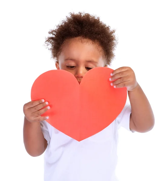 Little boy with red heart — Stock Photo, Image