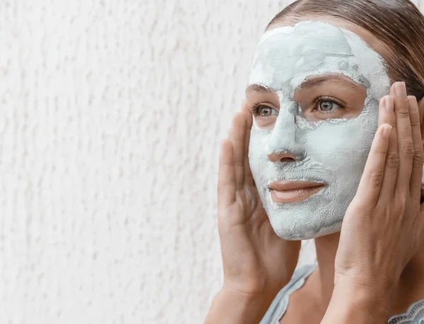 Portrait Nice Female Applying Cream Mask Evening Sleep Using Blue — Stock Photo, Image