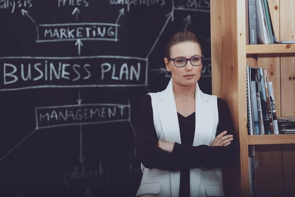 Portrait of a Serious Business Woman Holding a Meeting for Company Workers. Business Coach. Business Education. Training of Leadership and Management