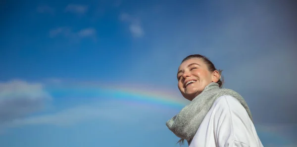 Portrait Nice Smiling Female Blue Sky Background Enjoying Amazing Natural — Stock fotografie