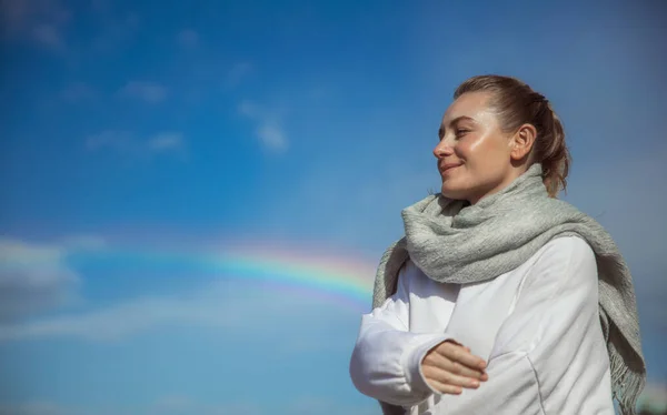 Portrait Nice Smiling Female Blue Sky Background Enjoying Amazing Natural — Stockfoto
