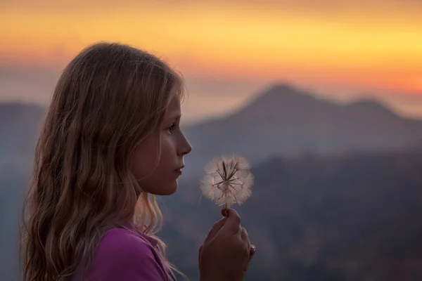 Perfil Retrato Linda Niña Con Flor Diente León Sobre Fondo — Foto de Stock