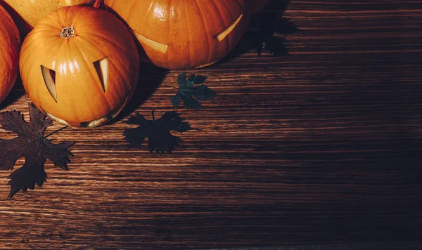 Vacker Snygg Halloween Stilleben Trä Bakgrund Hällristade Jack Lanterns Dekoration — Stockfoto