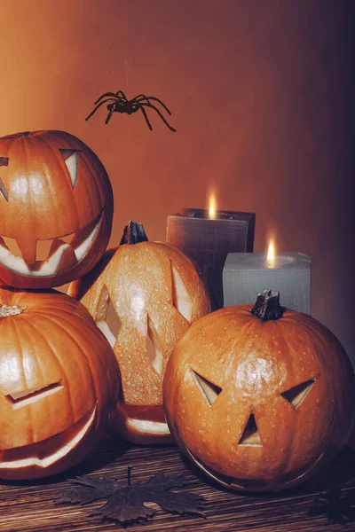 Beautiful Stylish Halloween Still Life Carved Jack Lanterns Decorated Candles — Stock Photo, Image