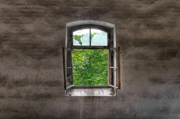 Eski terk edilmiş bir binada penceresinde — Stok fotoğraf