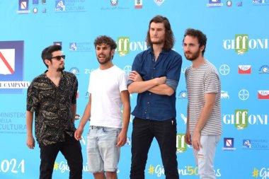 GIFFONI VALLE PIANA - 21 Temmuz 2021: Valerio Martino Fanciano, Alexander Woodbury, Francesco Giommi ve Cosimo Ravenni Giffoni Film Festivali 50 Plus 'da 21 Temmuz 2021' de Giffoni Valle Piana, İtalya.