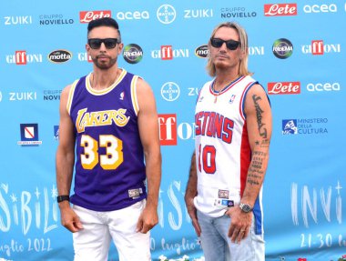 GIFFONI VALLE PIANA,ITALY - July 26,2022: Francesco Stranges aka Strano and Emanuele Busnaghi aka Thema of Gemelli DiVersi at Giffoni Film Festival 2022 - on July 26, 2022 in Giffoni Valle Piana, Italy.