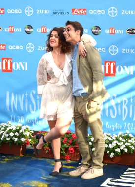 GIFFONI VALLE PIANA,ITALY - July 22,2022: Annandrea Vitrano and Claudio Casisa of I Soldi Spicci at Giffoni Film Festival 2022 - on July 22, 2022 in Giffoni Valle Piana, Italy.
