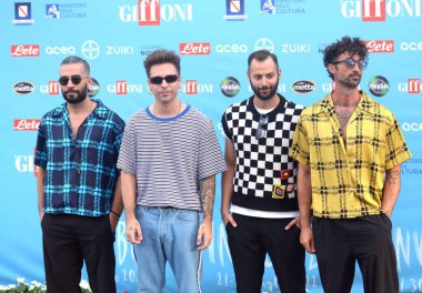 GIFFONI VALLE PIANA,ITALY - July 24,2022: Alessandro Presti, Alessio Bernabei, Riccardo Ruiu and Francesco Pierozzi of Follya  at Giffoni Film Festival 2022 - on July 24, 2022 in Giffoni Valle Piana, Italy.