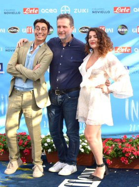 GIFFONI VALLE PIANA,ITALY - July 22,2022: Claudio Casisa, Paolo Orlando and Annandrea Vitrano of I Soldi Spicci at Giffoni Film Festival 2022 - on July 22, 2022 in Giffoni Valle Piana, Italy.