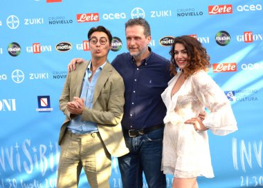 GIFFONI VALLE PIANA,ITALY - July 22,2022: Claudio Casisa, Paolo Orlando and Annandrea Vitrano of I Soldi Spicci at Giffoni Film Festival 2022 - on July 22, 2022 in Giffoni Valle Piana, Italy.