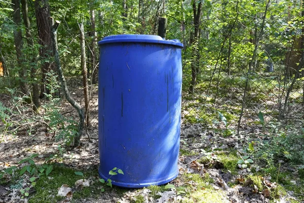A plastic barrel stands in a forest growing somewhere in Poland