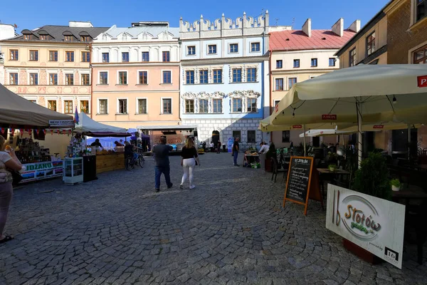 Lublin Polen September 2021 Oude Stadsgebouwen Met Nabijgelegen Marktkraampjes Verharde — Stockfoto