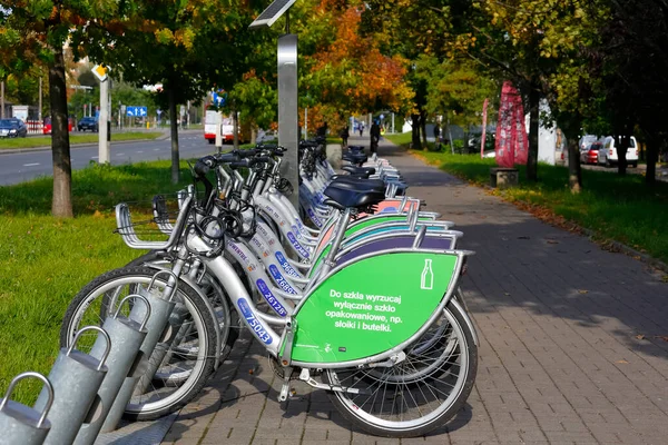 Warsaw Poland October 2021 Row Bicycles Have Been Parked Public — Stock Photo, Image