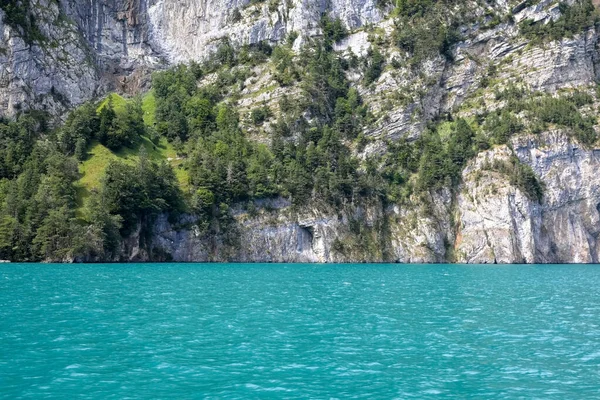 这里的岩石山表面有多层岩石地质层 是瑞士阿尔卑斯山的一个细节 卢塞恩湖的水也是看得见的 — 图库照片