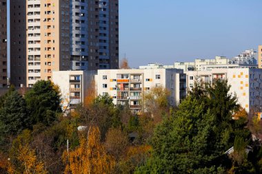 Varşova, Polonya - 31 Ekim 2021: Birçok insanın yaşadığı Goclaw konut bölgesinin genel görünümü, bereketli doğa ile dolu apartmanların birlikte var olduğunu gösteriyor