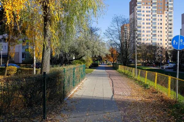 Warszawa Polen November 2021 Trottoaren Och Cykelvägen Leder Rakt Genom — Stockfoto