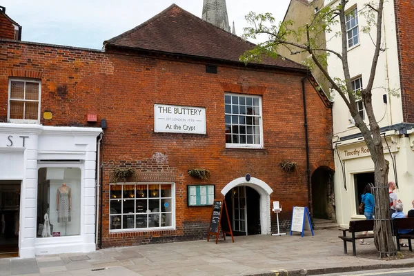 Chichester England Juni 2010 Schaufenster Traditionellen Gebäuden Erdgeschoss Mit Direktem — Stockfoto