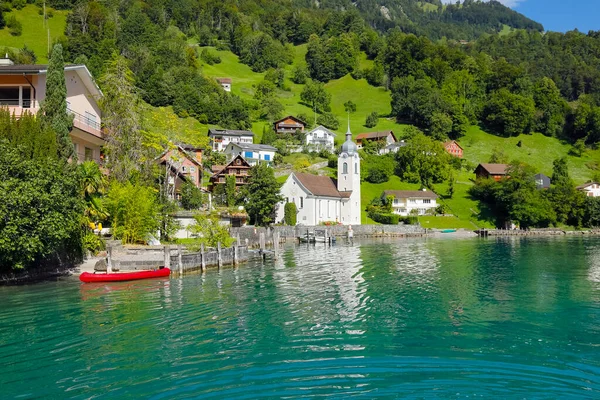 Bauen Switzerland August 2020 Shores Lake Lucerne Church Residential Houses — стокове фото