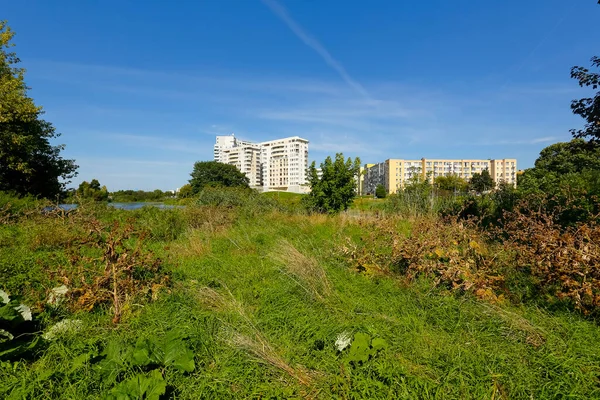 Warsaw Poland September 2021 Wild Meadow Apartment Blocks Visible Distance — Foto de Stock