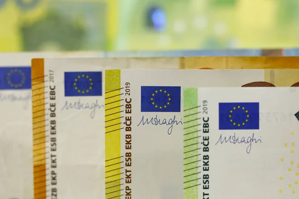 Existem Notas União Europeia Colocadas Uma Lado Outra Notas Euro — Fotografia de Stock