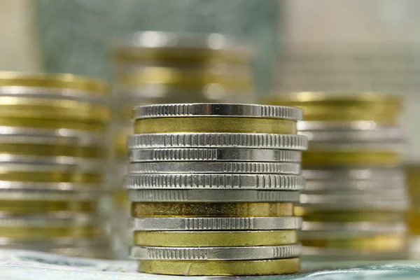 Grupo Monedas Polacas Arregla Una Lado Otra Fondo Los Billetes — Foto de Stock