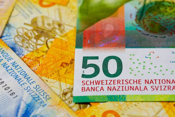 Group Various Swiss Franc Banknotes Different Denominations Placed Next Each — Stock Photo, Image