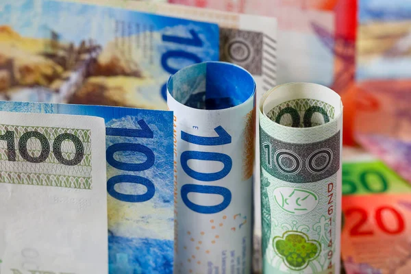 Sviçre Polonya Parası Polonya Zlotisi Sviçre Frangının Banknotları Yan Yana — Stok fotoğraf