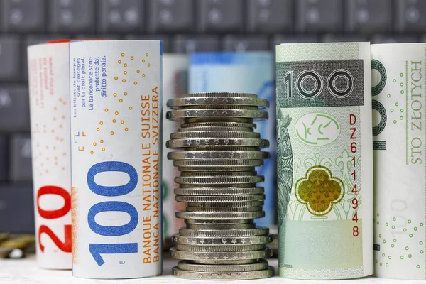 Swiss Polish Money Polish Zloty Swiss Franc Were Placed Next — Stock Photo, Image