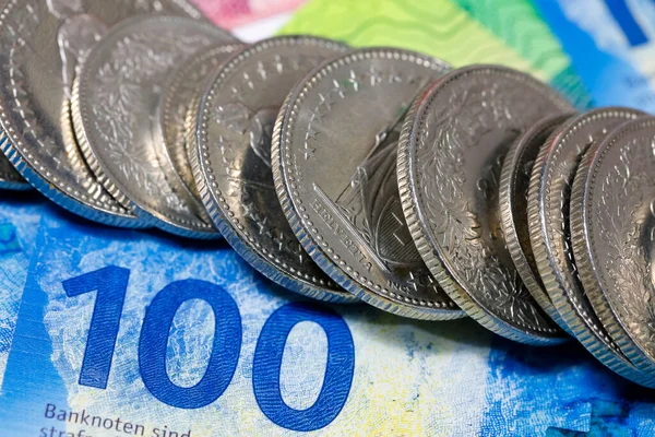 Chf Valuta Bankjegyek Hátterében Egymás Mellett Egymásra Rakott Svájci Frank — Stock Fotó