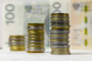 Banknotların, PLN para biriminin, Polonya Zlotunun arka planında yan yana dizilmiş bir grup Polonya sikkesi